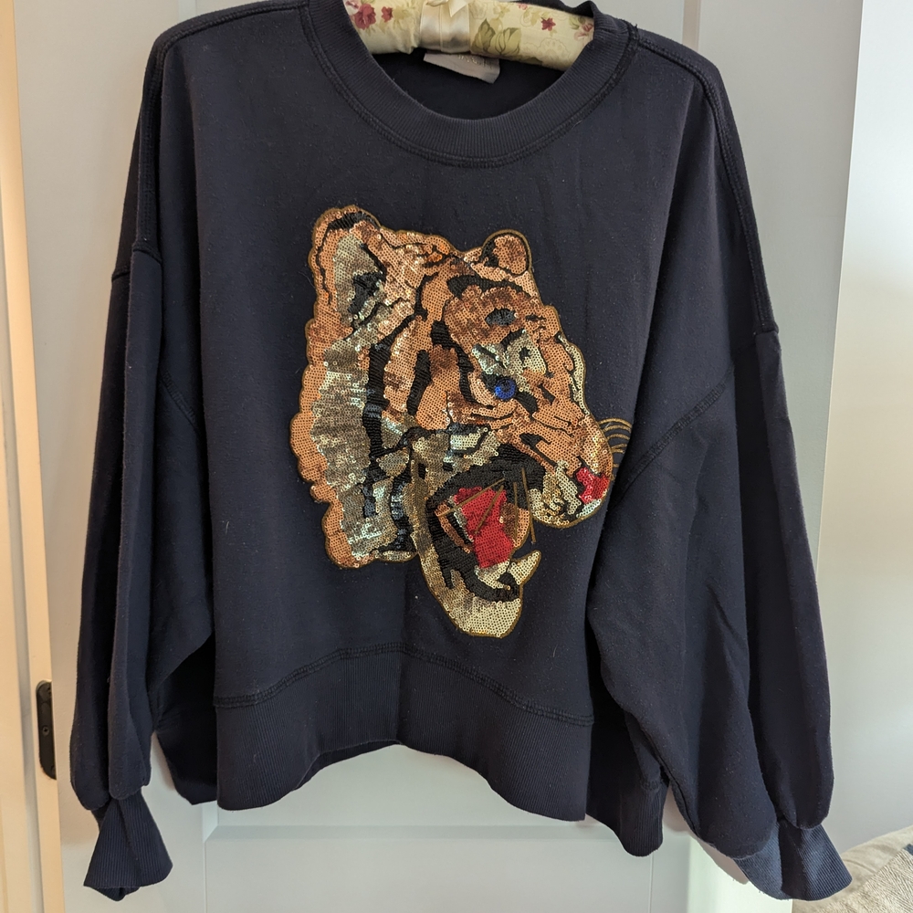 Judith March Blue Sweatshirt with Embroidered Sequin Tiger